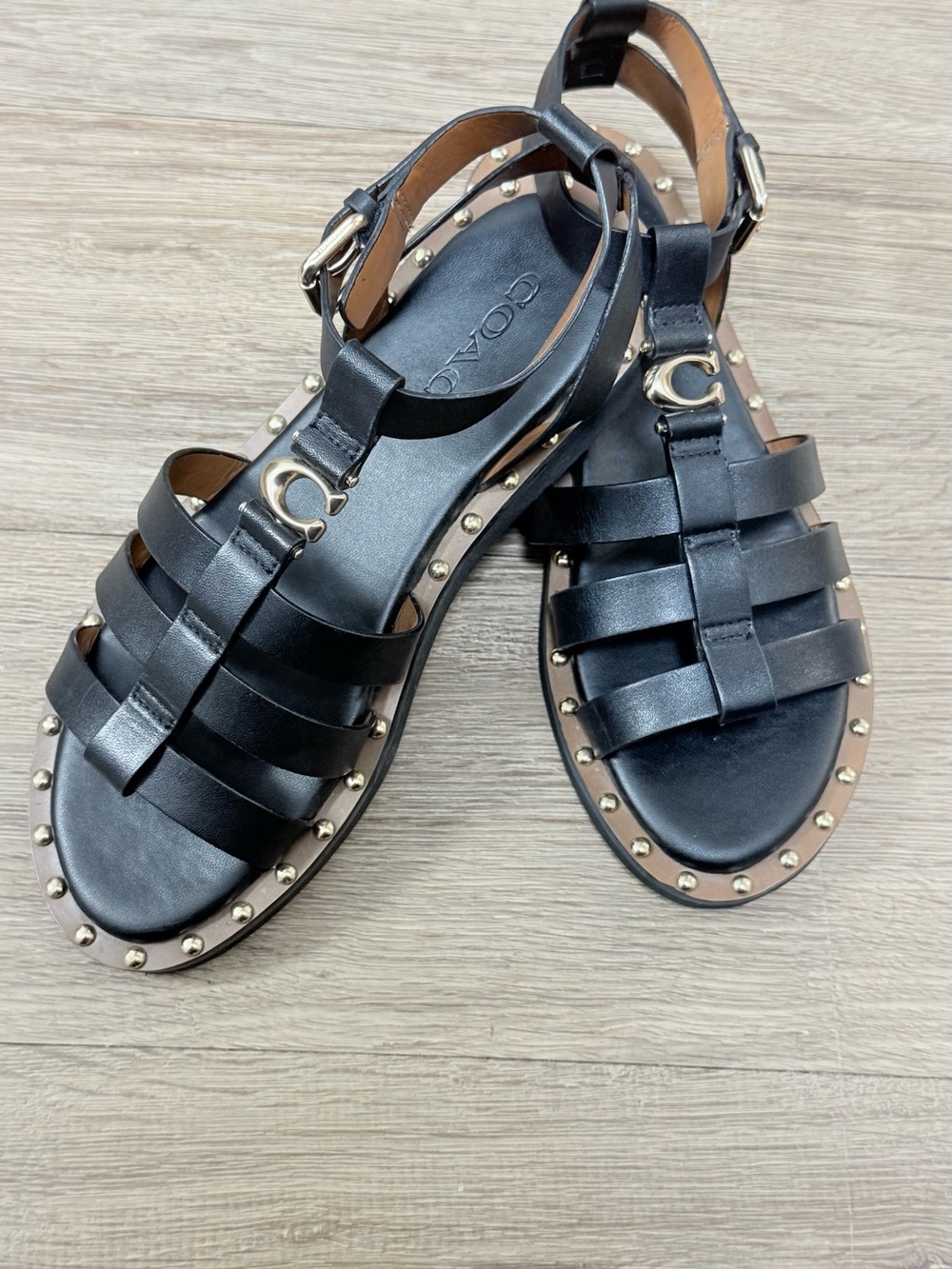 Coach Black Leather Stud-Trim Gladiator Sandals with Gold Logo - Picture 2 of 9
